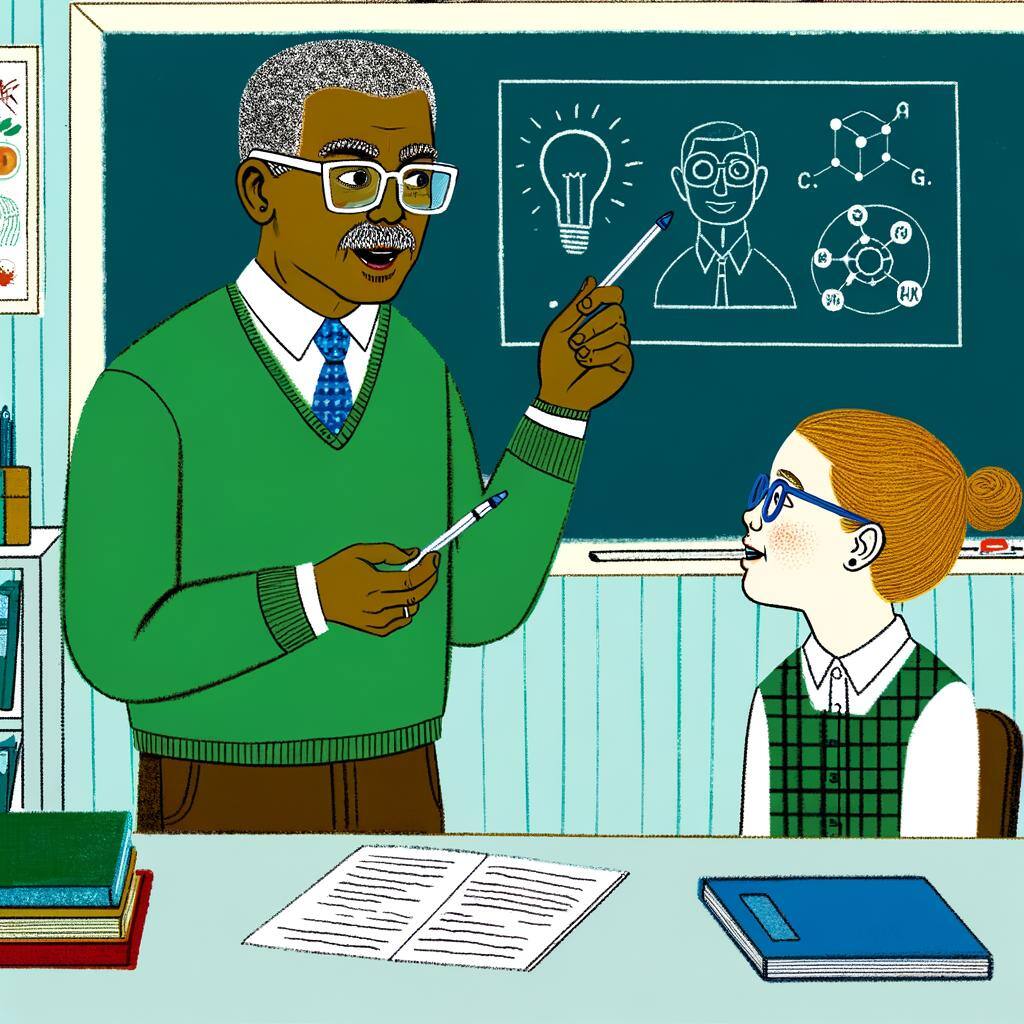 An illustration of a Hispanic male teacher, equipped with glasses, engaging in an educational session with a young Caucasian female student. They are stationed in a well-lit classroom decorated with relevant educational tools and literature. The teacher appears to be pointing at a comprehensible diagram on a blackboard, unraveling fascinating facts, while the student actively listens, her curiosity showing through her wide eyes and attentive demeanor. An illustration of a Hispanic male teacher, equipped with glasses, engaging in an educational session with a young Caucasian female student. They are stationed in a well-lit classroom decorated with relevant educational tools and literature. The teacher appears to be pointing at a comprehensible diagram on a blackboard, unraveling fascinating facts, while the student actively listens, her curiosity showing through her wide eyes and attentive demeanor.